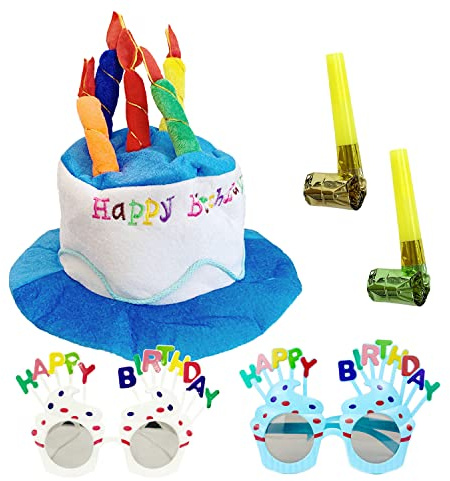 LSYYSL 1 Stück Happy Birthday-Plüschmütze, Kuchen-Plüschmütze mit mehrfarbigen Kerzen, Geburtstagsparty-Anziehshow-Requisiten, kommt mit 2 Stück Geburtstagsgläsern und 2 Stück Partygebläse.