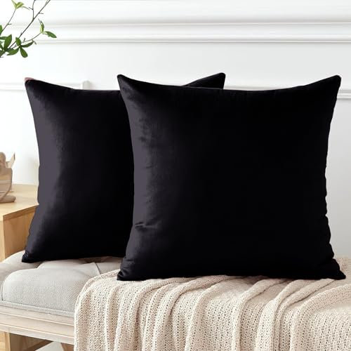 My home store Velvet Cushion Covers 45 x 45 cm - Premium Decorative Throw Pillowcases - Pack Of 2 Black Cushion Covers For Sofa Living Room Couch Bedroom With Invisible Zipper, 18 x 18 Inches