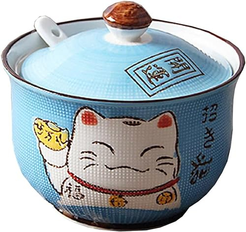GImLY Céramique Japonaise Maneki Neko Chat Porte-Bonheur Sucre Sel Poivre Bocal avec Couvercle Et Cuillère