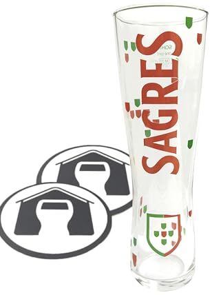 GarageBar Vaso de cerveza Sagres de pinta | Nucleado | Pinta a ala | Producto oficial | Viene con 2 alfombrillas de goteo de cerveza | 1 vaso