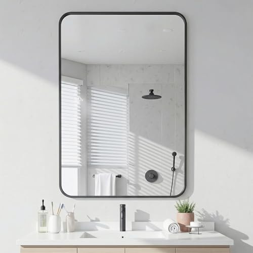 Antok Black Matte Rectangle Bathroom Mirror - 24x36 Inch Metal Framed Wall Mounted Vanity Farmhous Mirror with Rounded Corners for Bathroom, Living Room, Entryway - Hangs Horizontal or Vertical