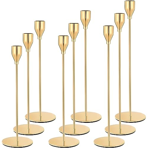 BARAKYEG Chandelier Bougeoir Dorés 9 Pcs,Chandelier de Mariage Différentes Tailles,23/28/33cm Candélabre pour Bougies de 2.2 cm de Diamètre Bougeoirs Haut Décoratifs Decoration Table pour la Maison