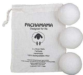Pachamama Handmade XL Wool Tumble Dryer Balls 7cm 3 Pk Reduce Drying Time Save Energy Fabric Soften Reduce Static Reduce Wrinkles Unscented Long Life - Plain Cream Natural Felted by Hand Fair Trade