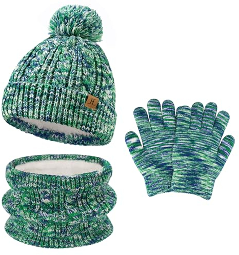 Kinder Winter Warm Beanie Mütze Handschuhe Loop Schal Set Wintermütze Strickmütze Schlauchschal Winterhandschuhe für 5-8 Jahre Mädchen Jungen, Grün