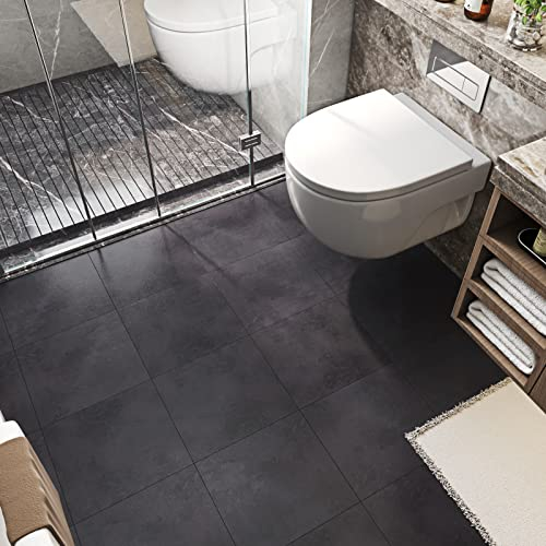 FunStick 30X30CM 15 Stück PVC Bodenbelag Selbstklebend Schwarz Beton PVC Fliesen Selbstklebend Boden Schwarz Anthrazit Vinylboden Selbstklebend Badezimmer Wasserdicht Fliesenoptik Boden Betonoptik