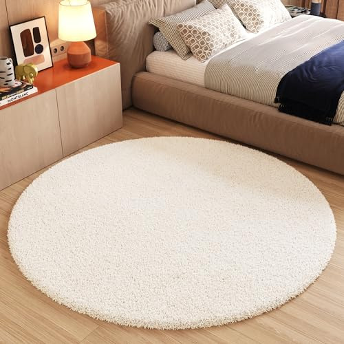 TAPISO Essence Teppich Rund Creme Hochflor Langflor Shaggy Einfarbig Felloptik Flauschig Schlafzimmer Wohnzimmer Kinderzimmer ÖKO-TEX 100 x 100 cm