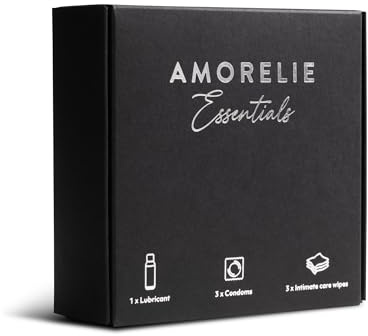 AMORELIE Essentials Set da 3 pezzi – preservativi, gel lubrificante e salviettine per la cura intima, set regalo per coppie, set per hotel da viaggio