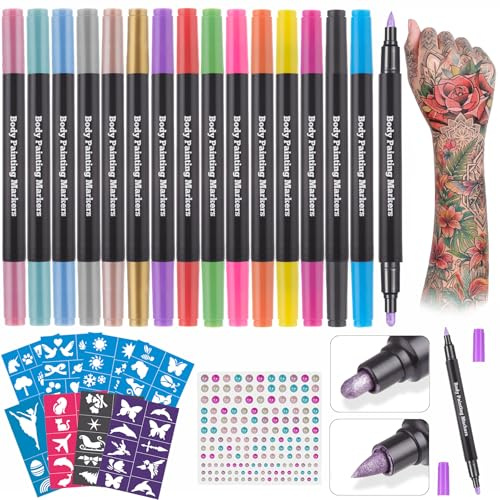 Lictin Temporary Tattoo Markers for Skin, 16 Colors Dual-End Skin Tattoo Pens with 80 Tattoo Stencils, Matte & Metallic Body Markers for Kids Teens and Adults