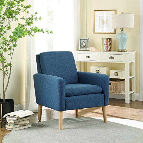 Meisax Sessel Wohnzimmer, Ohrensessel Loungesessel mit Verdickte Rückenlehne, Bequemer und weicher Relaxsessel Lesesessel Fernsehsessel, Sessel Schlafzimmer, Leinenstoff, Beine aus Massivholz (Blau)