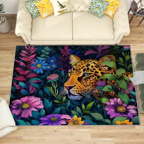 Teppich Dschungel Kinderzimmer - Teppich Wohnzimmer Schlafzimmer Leopard Kinder, Kleiner Teppich Tiere, Weich Kurzflor & Waschbar & rutschfest Fussmatte Innen, Kinderteppich 60x90 cm