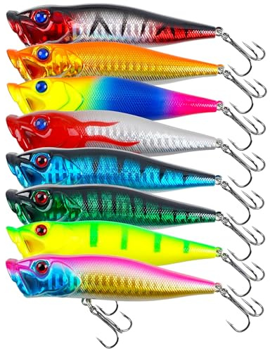 Popper Köder Topwater Angeln Köder, 8stk Popper Angelköder Kit Crankbait Jerkbaits Hartköder Bass Köder Bleistift Kunstköder Swimbait Set mit Dreifachhaken für Hecht Barsch Forelle Wels Rotbarsch