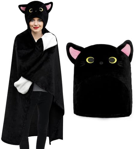 MUFEIRUO Schwarze Katze Kuscheldecke,Hoodie Decke,Kuscheldecke Flauschig,Tragbare Decke,Wohn- & kuscheldecken,Sofadecke Wearable Blanket,Geschenk für Frauen(Schwarze Katze Decke)