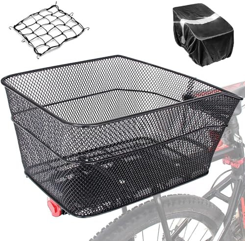 BINOTHINK Fahrradkorb Hinten, Fahrradkorb Groß Hinten Inklusive wasserdichte Abdeckung und Gepäcknetz Korb für Heckträger, Festmontage Metall für Kleiner Picknick Schulranzen