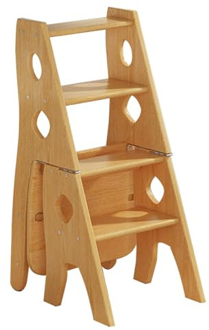 Solid Wood 4 Tier Folding Step Ladder Chair with Display Shelf MultiFunctional 3in1 Wood Ladder for Library and Home Use