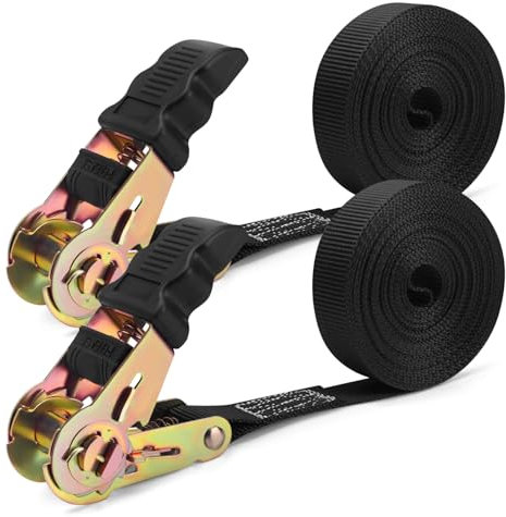 IAZZCO Lot de 2 Sangles à cliquet de 800 kg - 6 m x 25 mm - Très résistantes - Boucles à Came réglables - pour Moto, Voiture, remorque, Maison