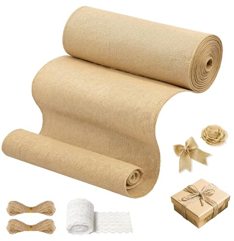 Jute Tischläufer Rolle, 30cmx10m Juteband Breit, Tischläufer Vintage Mit Bindfaden und Spitze, Natürlicher Jutestoff für Geburtstage, Hochzeiten, Weihnachten und Andere Besondere Anlässe