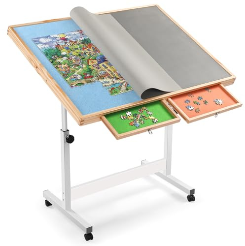 Puzzle Table with Drawers 1500 Piece, Jigsaw Puzzle Tabe with Legs Adjustable Angle & Height, Tilting Puzzle Tables for Adults with Cover, for Mothers' Day, Birthday (Blue, With Drawer)