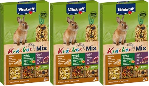 Vitakraft Kräcker Mix, Knabberstangen für Zwergkaninchen, mit Popcorn und Honig, mit Gemüse und Rote Beete, mit Traube und Nuss, ohne Zusatz von Zucker und Getreide (1x 160g) (Packung mit 3)