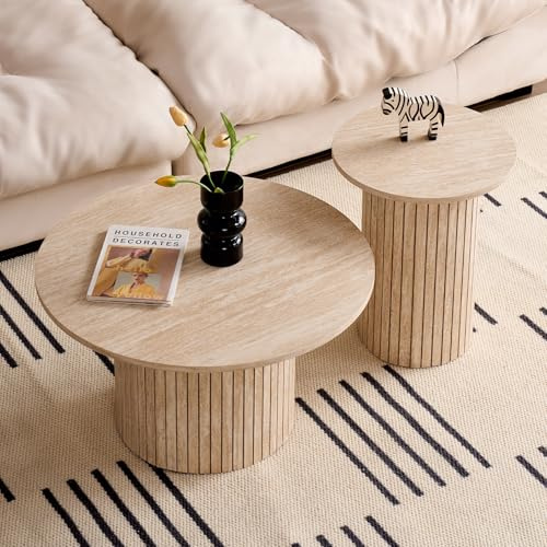 JZGORC 2er-Set Moderner Runder Couchtisch, Römische Säulenbasis, Runder Sofa-Beistelltisch im Landhausstil, Geeignet für Wohnzimmer, Büro – Gelbes Travertinfurnier
