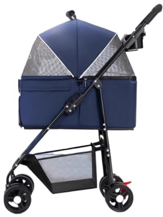 Hundebuggy mit Regenschutz, Faltbarer Hundewagen, 4-Rad-Haustierbuggy mit Sicherheitsleinen, for kleine, Miniaturhunde(Blue)