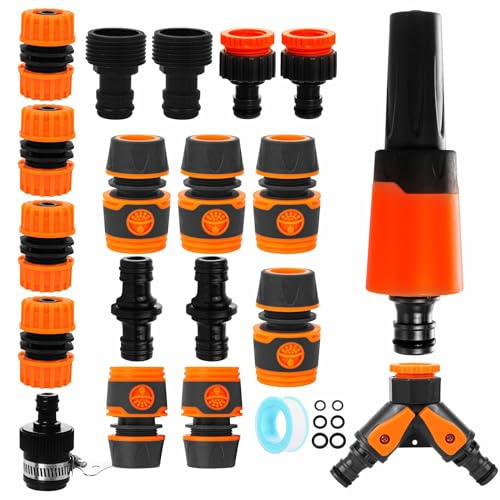 Garden Hose Connector Set Hose Pipe Connectors and Fittings, Outside Garden Hose Tap Connector Adapter, Nozzle, Splitter 2 Way, Water Hosepipe Connections Attachments Coupler Joiner Connector