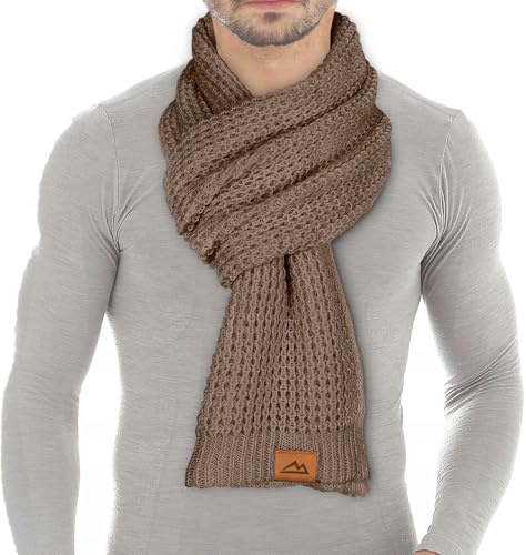 Loowoko Schal Herren Damen winter, Klassische waffel strickschal, Langschal mit Echt-Leder Veredelung, Geschenk für Mann und Vater