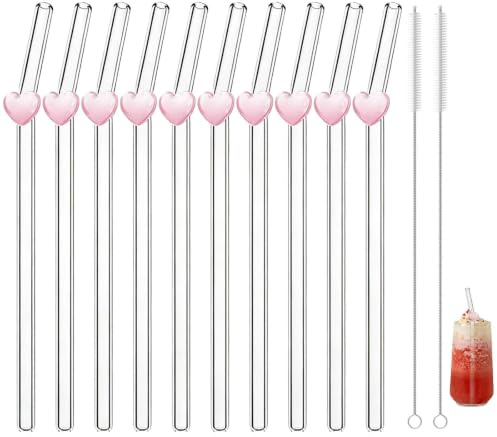 10 Glass Straws with Charms, 20cm Clear Straws 2 Straw Cleaner Brush