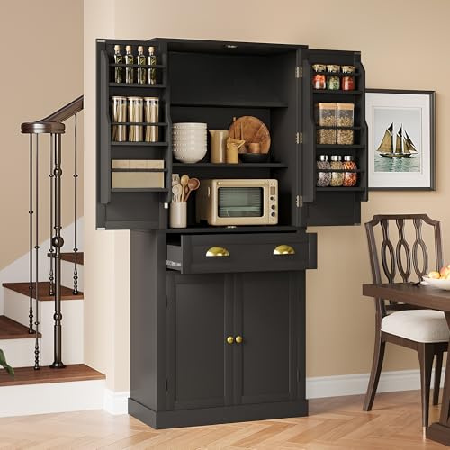 Gxffipw Küchenschrank mit 4 Türen und 1 Schublade, Mehrzweckschrank Hochschrank mit 6 Staufächer und 4 Verstellbare Ablageflächen, Buffetschrank Vorratsschrank, Küchenmöbel, Schwarz, 80x40x182 cm