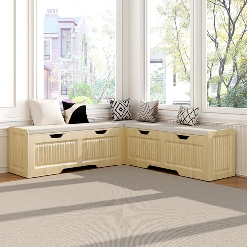 Ktfhvgy L Shape Storage Bench,63 in L-Shaped Kitchen Breakfast Corner Bench with Cushioned Seat and Hidden Storage Function,Wooden Backless Bench for Entryway,Suitable for Dining Room,Kitchen
