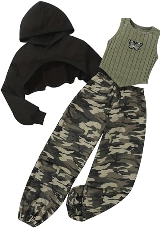 inhzoy Tuta Ginnastica Artistica Bambina 3 Pezzi Hoodie Felpa con Cappuccio + Canotta + Pantaloni Cargo Completo Sportivo da Danza Hip Hop Abito da Ballo di Strada Nero Verde Militare 11-12 anni
