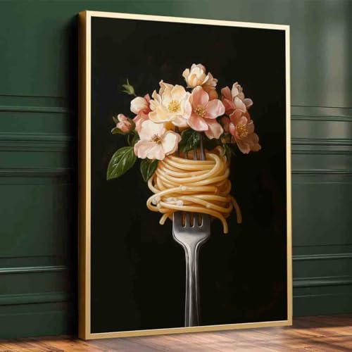 Mostemauo Spaghetti Fork Wall Art Pink Flower Picture Pasta Pictures Italian Food Wall Art Moody Flowers Painting Food Poster Vintage Abstract Artwork Dark Living Room Decor 16x24inch No Frame
