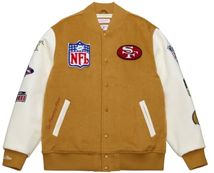 Mitchell & Ness NFL Dusted Collection Varsity College-jacka, knapplist, vår, höst, vinter, retro, övergångsjacka, amerikansk stil, retrolook, ockrabrun, San Francisco 49ers, XXL