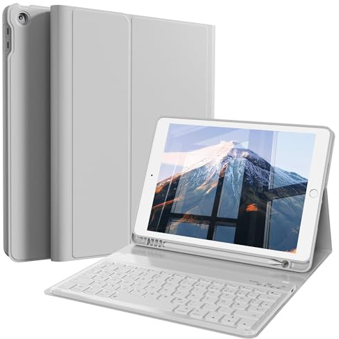 Funda con teclado para iPad de 10,2 pulgadas (9/8/7 generación, 2021/2020/2019) | Funda con carcasa trasera de TPU, soporte para lápiz y teclado magnético extraíble con diseño QWERTZ, color gris