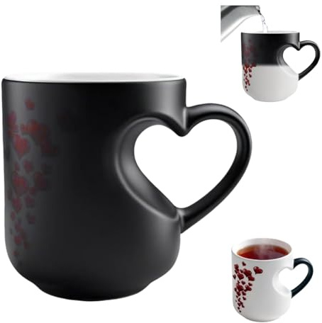 Ryfpdml Heart-Shaped Color Changing Magic Mug, Funny Heat Sensitive Color Changing Ceramic Coffee Mug with Hearts Handle for Home Office