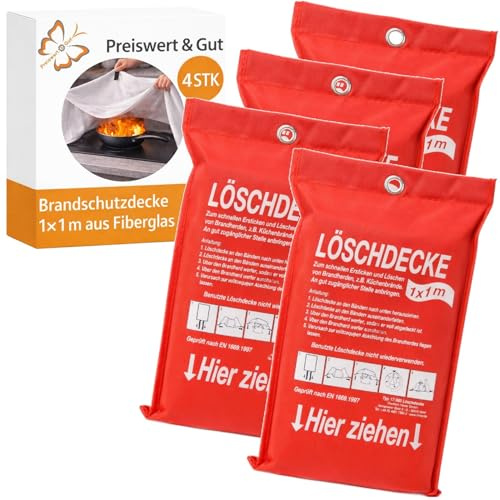 4 STK Brandschutzdecke Fiberglas 1 x 1 m EN 1869 2019 Küche Camping | Feuerlöschdecke im Set zur schnellen Brandbekämpfung für Zuhause, Werkstatt usw. Preiswert&Gut
