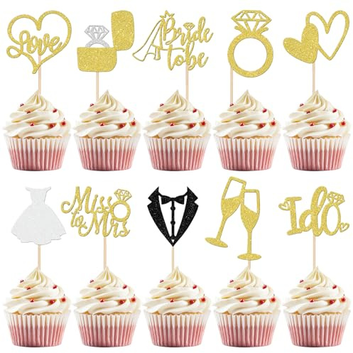 Bride to Be Cupcake Toppers, 30 PCS Bride To Be Cake Topper Hochzeit, mit Brautkleid, Ring, I Do, Miss to Mrs Musterdekoration, für Verlobung Hochzeiten Thema Party (B)