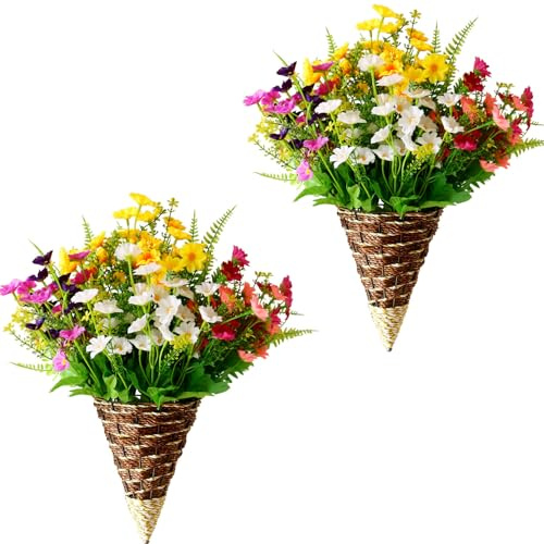 YXYQR 2PCS Outdoor Artificial Flowers Fern Plants with Wall Hanging Basket Arrangement, UV Resistant, Fake Daisy Flower Greenery for Fence, Porch Front, Door, Garden, Home, Patio, Living Room