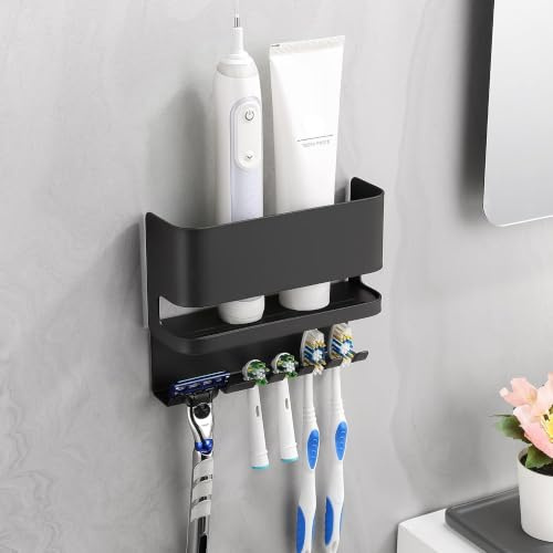 ALOCEO Zahnbürstenhalter Ohne Bohren aus Edelstahl Schwarz Matt | Selbstklebend Zahnbürstenhalter Elektrische Zahnbürste, Zahnbürstenhalter Wand für 4, Wasserdicht & Rostfrei