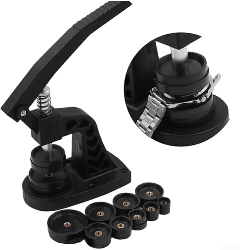 Klockfodral bakpress verktygssats, svart nylon med 11 plastformar för olika klockstorlekar, ergonomiskt grepp för säker ersättning och underhåll