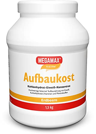 MEGAMAX Aufbaukost Erdbeere 1.5 kg enthält wheyproteinpulver für ein fettarmes Kohlenhydrat-Eiweiß-Getränk- ideal zur Unterstützung von Muskelaufbau, Gewichtszunahme, Kräftigung und bei Untergewicht
