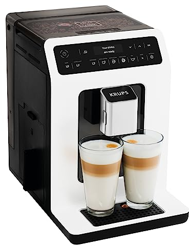 Krups Machine à café à grain, Broyeur à grain, Cafetière expresso, Cappuccino, Espresso, 15 boissons, 2 tasses en simultané, Fabriqué en France, Evidence EA890110, Blanche