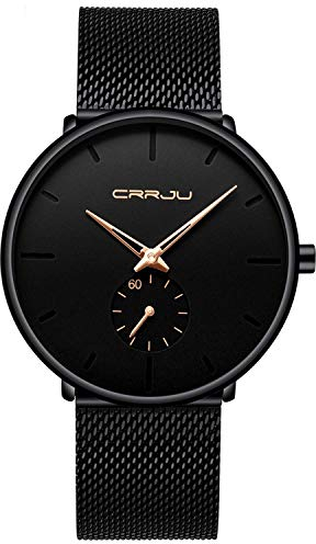 Herren Uhren Ultra Dünne Schwarze Minimalistische Quartz mit Milanese Mesh Edelstahl Und Goldener Zeiger