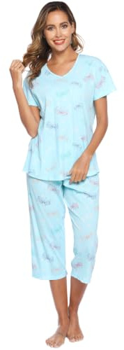 ENJOYNIGHT Pigiama Donna Estivo Pigiama in Cotone Maniche Corte e Pantaloni Cropped Pigiama Homewear(Medium,Farfalla)