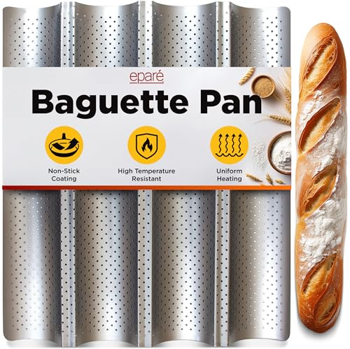 Eparé French Baguette Bread Pan for Baking - 15 x 13 Non Stick French Bread Baking Pan - Perforated Long Italian Bread Pan - Baquette Baking Pan Tool - US Company