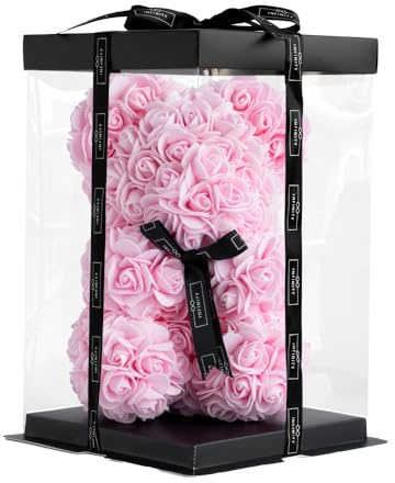 Infinity® Rosenbär Rosa 25 cm – Handgefertigter Bär mit Geschenkbox & über 300 duftenden 3D-Rosen – Geschenk für Frauen, Geburtstag oder Jahrestag