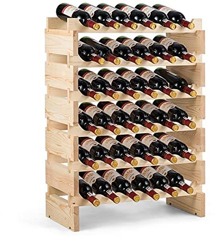 GOPLUS Weinregal Holz stapelbar, Flaschenregal für 36 Flaschen, Weinflaschenregal Weinständer mit 6 Fächern, Wine Rack Weinhalter für Keller Bar Lagerraum, 63 x 28 x 85 cm, Natur
