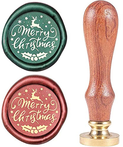 craspire Wachssiegelstempel „Merry Christmas“, Elch, Mistel, Vintage-Siegelwachsstempel, X'Mas EVE, Messingkopf, Holzgriff, Abnehmbar, 25 mm, Für Umschläge, Hochzeitseinladungen, Weinpakete