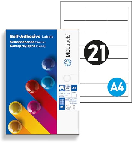 MDlabels Universal Etiketten DIN A4-63,5x38,1mm, 2100- Mattes Papier Klebeetiketten– bedruckbare - Weiß - Barcode-aufkleber