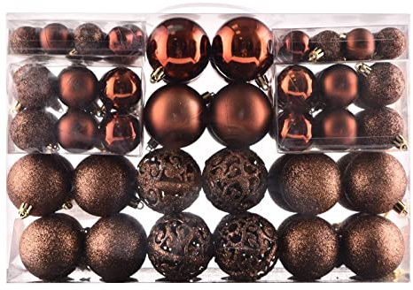 Christmas Balls Tree Ornaments Set, Shatterproof Xmas Decorations Set with Reusable Hand-held Gift Package for Holiday Indoor Tree Decor (100, Brown)