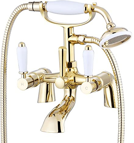 ENKI BT0608 Downton Bath Shower Mixer Tap, English Gold, Handset | Handset & Hose, Deck Mounted, Bathroom